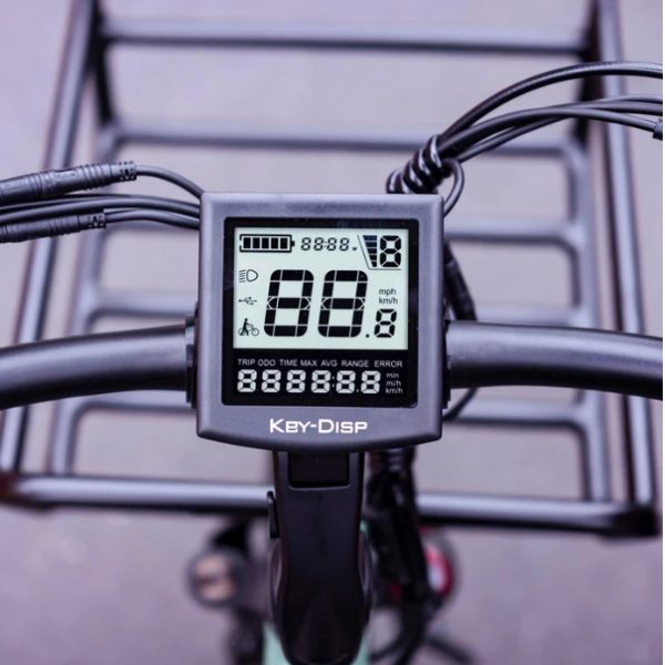 Close-up view of LCD Display on Trike Showing Speed, Distance, and Time