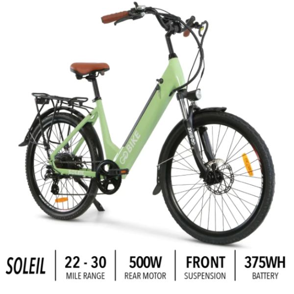 Go Bike SOLEIL Electric City Bike Cool Mint Color with Specs