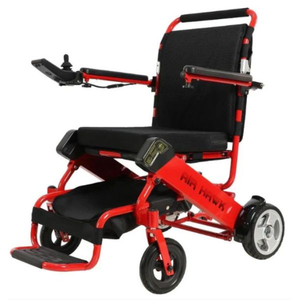 Air Hawk Folding Lightweight Powerchair Red in Angle Left View