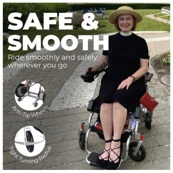 Air Hawk Folding Lightweight Powerchair Riding by a Woman