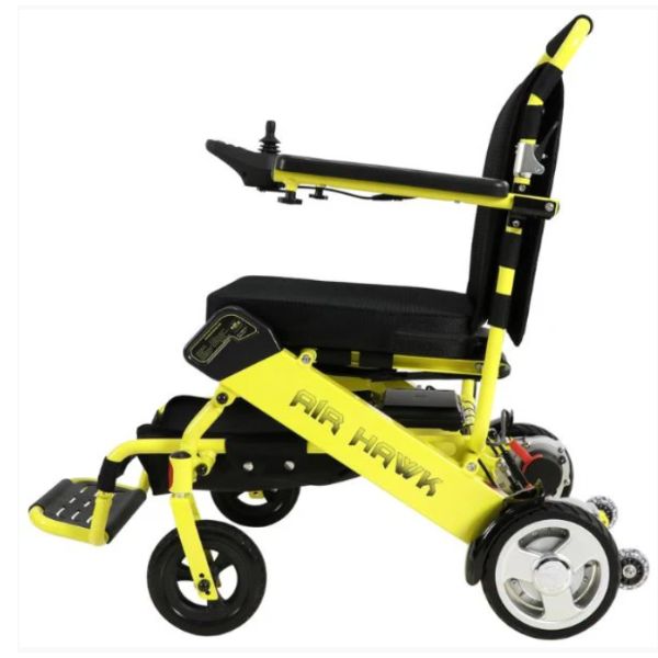 Air Hawk Folding Lightweight Powerchair Yellow in Left Side View