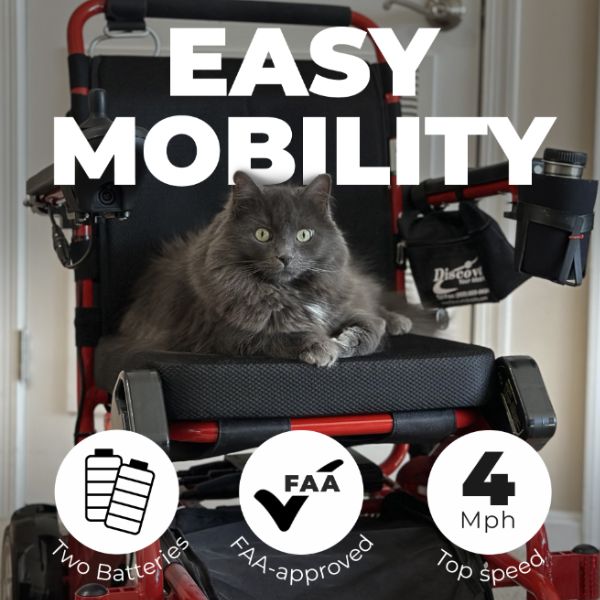 Air Hawk Folding Lightweight Powerchair with  Cat on it