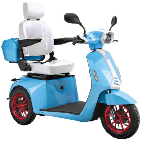 Bespoke Elite 3-wheel Heavy Duty Scooter in Bue with White Seat and Red Rim Wheel
