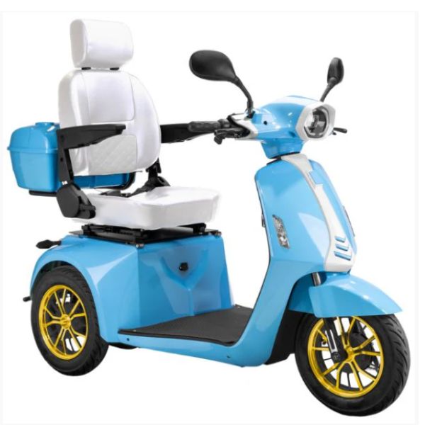 Bespoke Elite 3-wheel Heavy Duty Scooter in Blue with White Seat and Yellow Rim Wheel