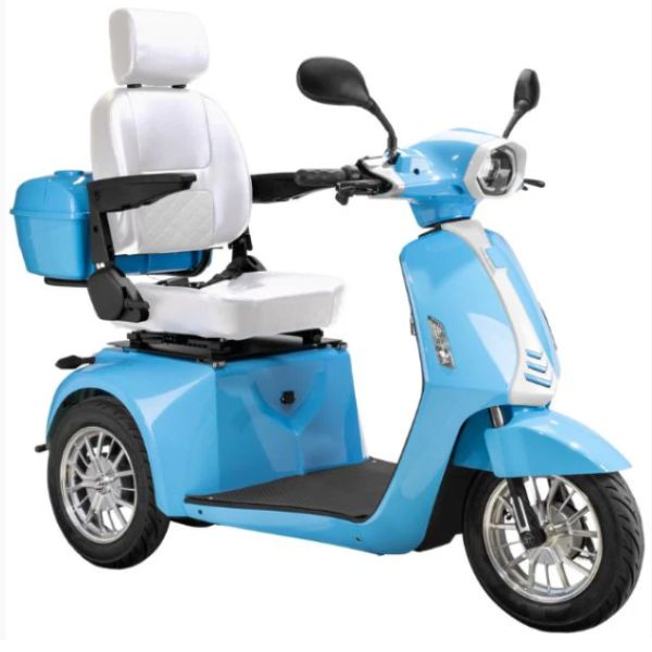 Bespoke Elite 3-wheel Heavy Duty Scooter in Blue with White Seat and Chrome Rim Wheel