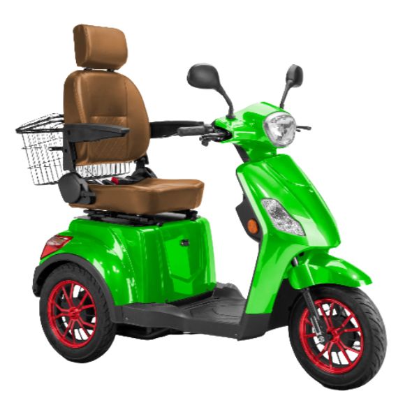 Bespoke Legacy 3-Wheel Mobility Scooter in Green with Brown Seat and Red Wheel Rim