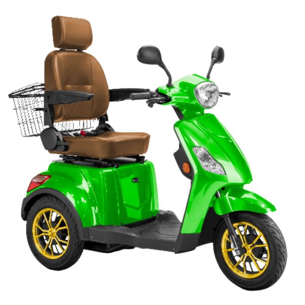 Bespoke Legacy 3-Wheel Mobility Scooter in Green with Brown Seat and Gold Wheel Rim