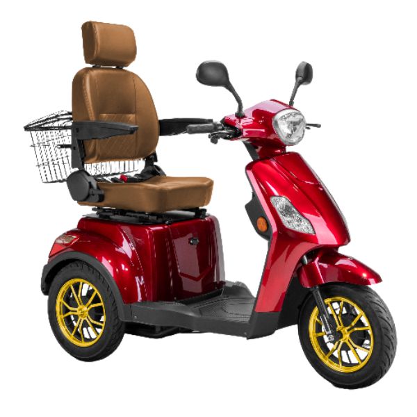 Bespoke Legacy 3-Wheel Mobility Scooter in Red with Brown Seat and Gold Wheel Rim