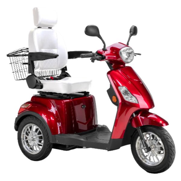 Bespoke Legacy 3-Wheel Mobility Scooter in Red with White Seat and Chrome Wheel Rim