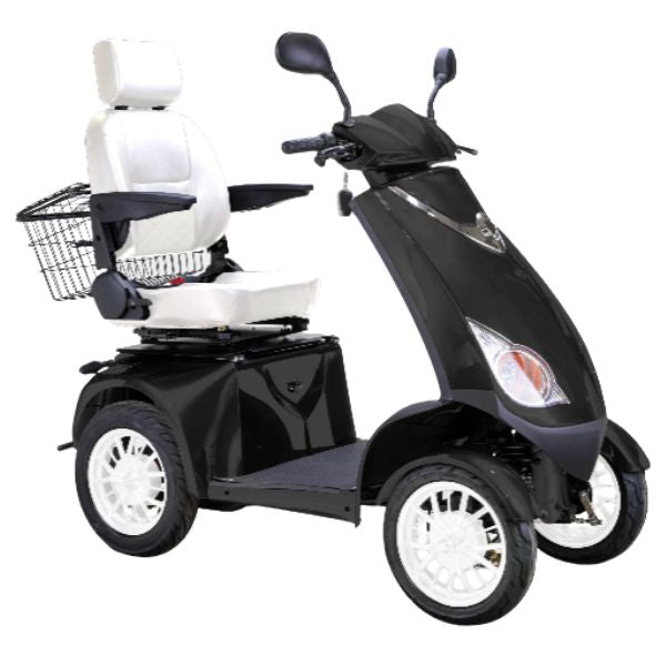 Bespoke Platinum All-Terrain Mobility Scooter in Black in Black with White Seat and White Wheel Rim