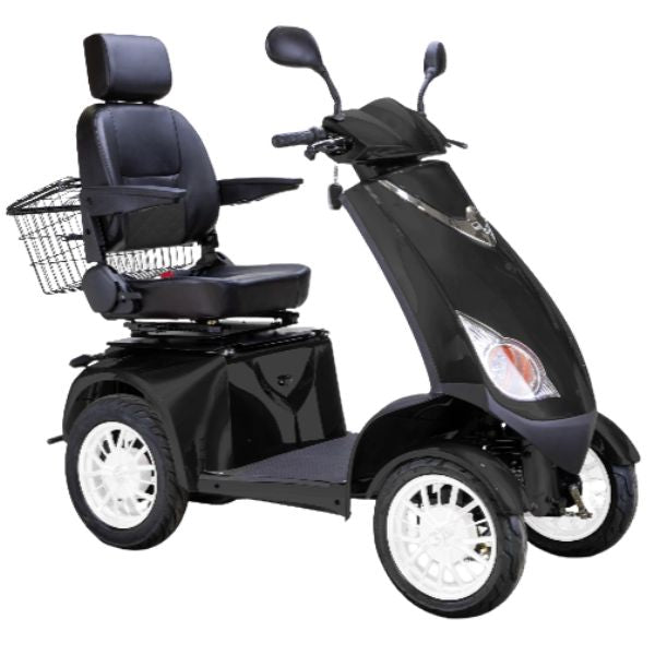 Bespoke Platinum All-Terrain Mobility Scooter in Black with Black Seat and White Wheel Rim
