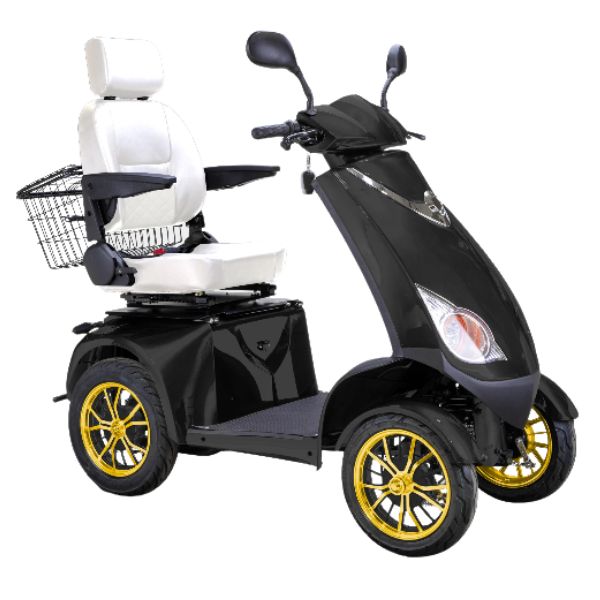 Bespoke Platinum All-Terrain Mobility Scooter in Black with White Seat and Gold Wheel Rim