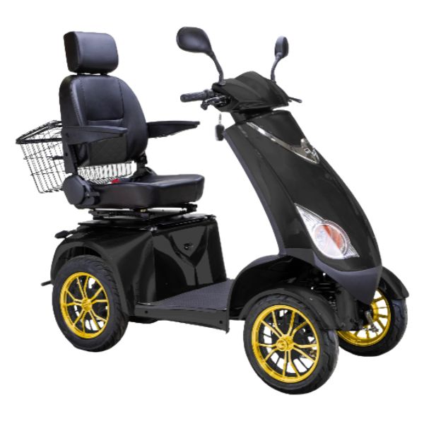 Bespoke Platinum All-Terrain Mobility Scooter in Black with Black Seat and Gold Wheel Rim