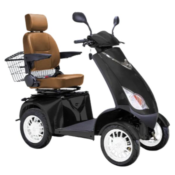 Bespoke Platinum All-Terrain Mobility Scooter in Black with Brown Seat and White Wheel Rim