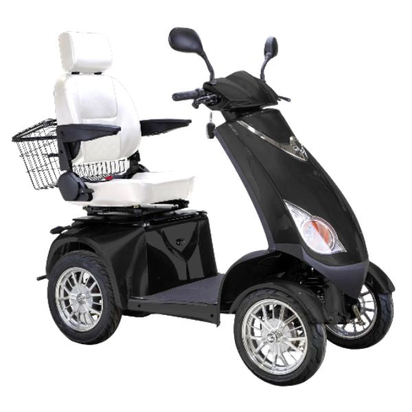 Bespoke Platinum All-Terrain Mobility Scooter in Black with White Seat and Chrome Wheel Rim