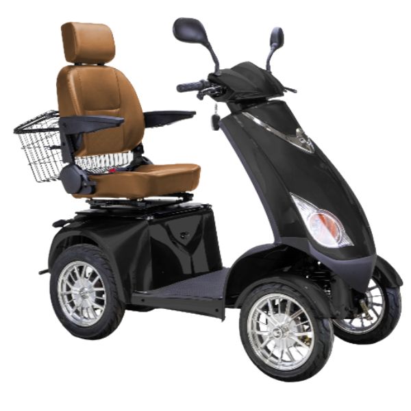 Bespoke Platinum All-Terrain Mobility Scooter in Black with Brown Seat and Chrome Wheel Rim