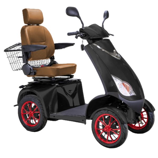 Bespoke Platinum All-Terrain Mobility Scooter in Black with Brown Seat and Red Wheel Rim