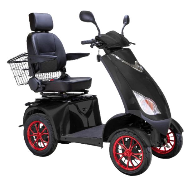 Bespoke Platinum All-Terrain Mobility Scooter in Black with Black Seat and Red Wheel Rim