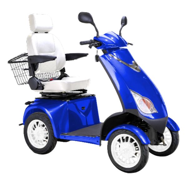 Bespoke Platinum All-Terrain Mobility Scooter in Blue with White Seat and White Wheel Rim