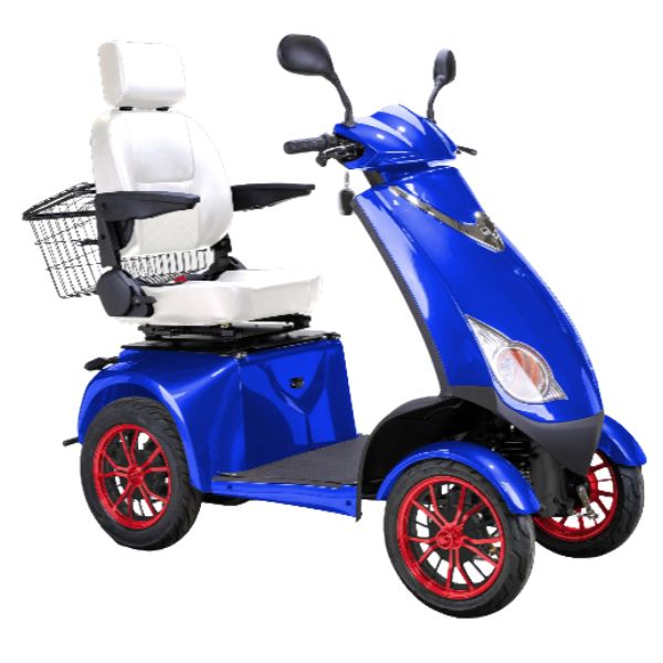 Bespoke Platinum All-Terrain Mobility Scooter in Blue with White Seat and Red Wheel Rim