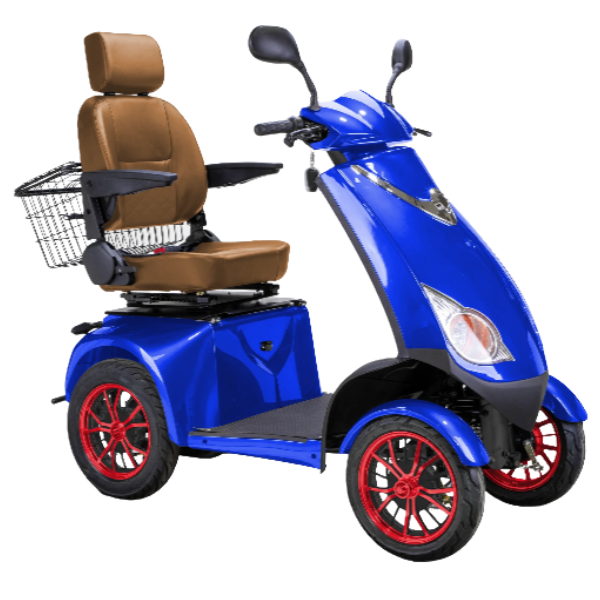 Bespoke Platinum All-Terrain Mobility Scooter in Blue with Brown Seat and Red Wheel Rim