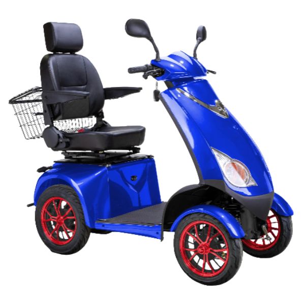 Bespoke Platinum All-Terrain Mobility Scooter in Blue with Black Seat and Red Wheel Rim