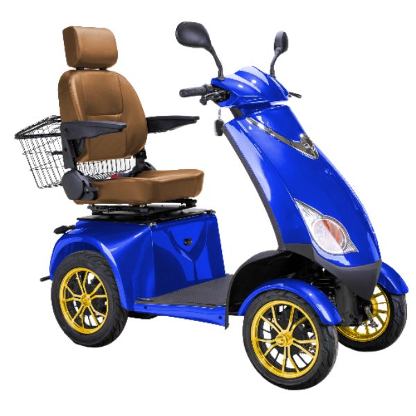 Bespoke Platinum All-Terrain Mobility Scooter in Blue with Brown Seat and Gold Wheel Rim