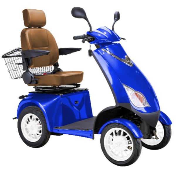 Bespoke Platinum All-Terrain Mobility Scooter in Blue with Brown Seat and White Wheel Rim