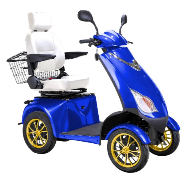 Bespoke Platinum All-Terrain Mobility Scooter in Blue with White Seat and Gold Wheel Rim