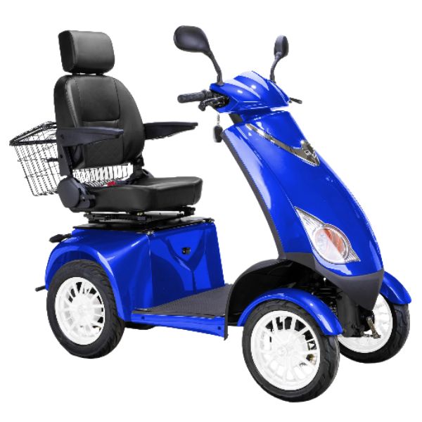 Bespoke Platinum All-Terrain Mobility Scooter in Blue with Black Seat and White Wheel Rim