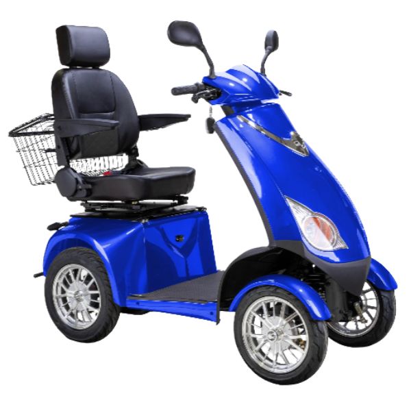 Bespoke Platinum All-Terrain Mobility Scooter in Blue with Black Seat and Chrome Wheel Rim