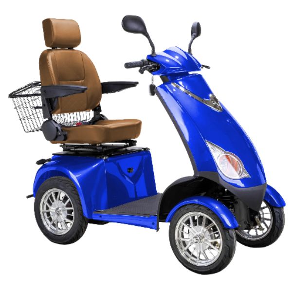 Bespoke Platinum All-Terrain Mobility Scooter in Blue with Brown Seat and Chrome heel Rim