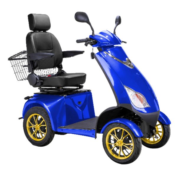 Bespoke Platinum All-Terrain Mobility Scooter in Blue with Black Seat and Gold Wheel Rim
