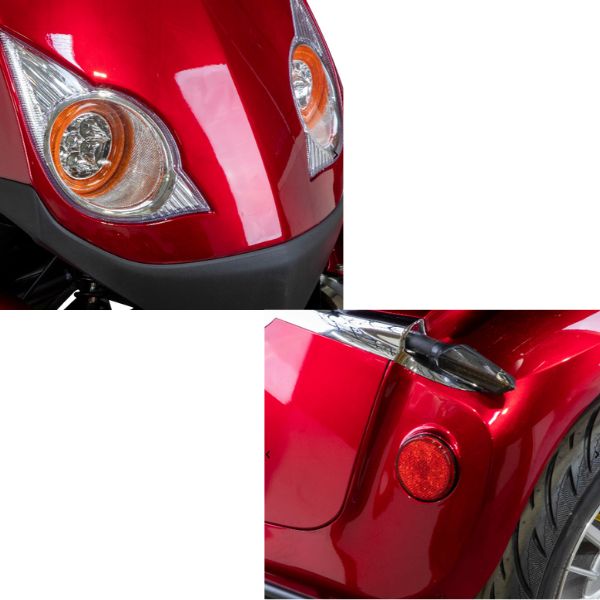 Bespoke Platinum All-Terrain Mobility Scooter in Red Showing the Headlight and Tail Light