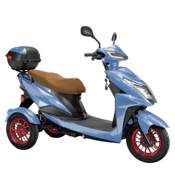 Bespoke Regal 3-Wheel Scooter in Blue in Brown Seat and Red Rim