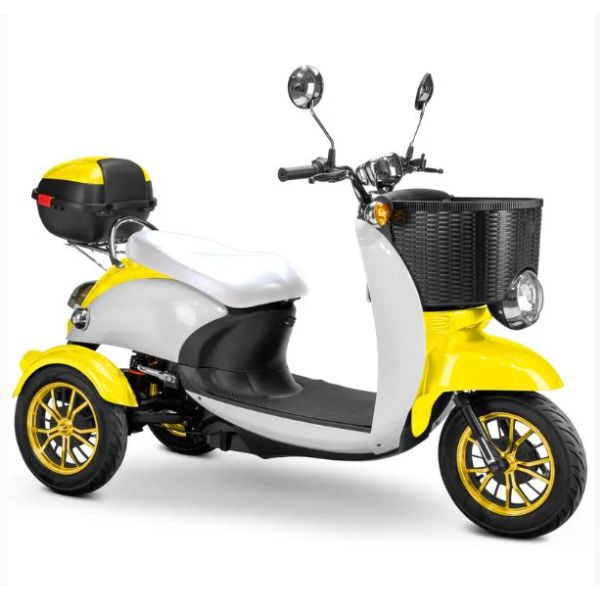 Bespoke Supreme Full Sized Mobility Scooter in Yellow with White Seat and Gold Wheel Rims