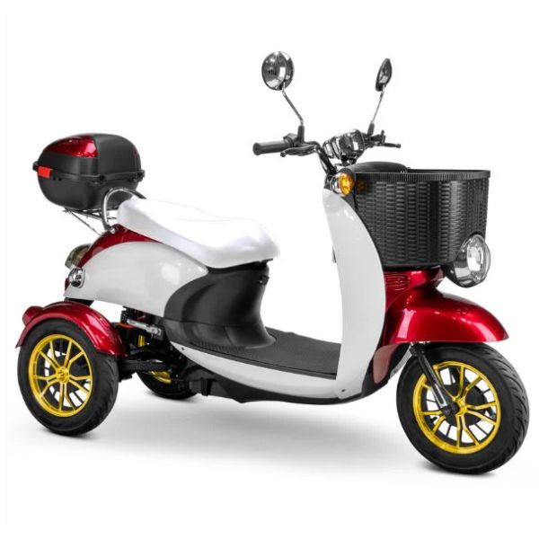 Bespoke Supreme Full Sized Mobility Scooter in Red with White Seat and Gold Wheel Rims