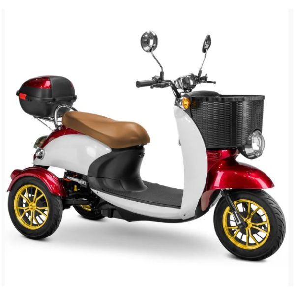 Bespoke Supreme Full Sized Mobility Scooter in Red with Brown Seat and Gold Wheel Rims