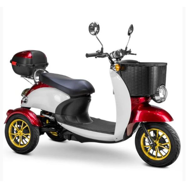 Bespoke Supreme Full Sized Mobility Scooter in Red with Black Seat and Gold Wheel Rims