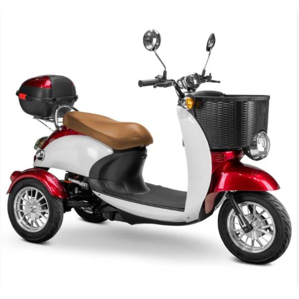 Bespoke Supreme Full Sized Mobility Scooter in Red with Brown Seat and Chrome Wheel Rims