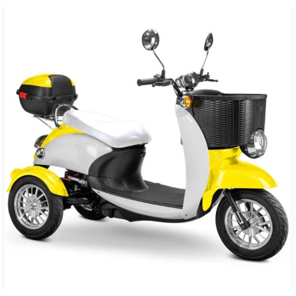 Bespoke Supreme Full Sized Mobility Scooter in Yellow with White Seat and Chrome Wheel RIms