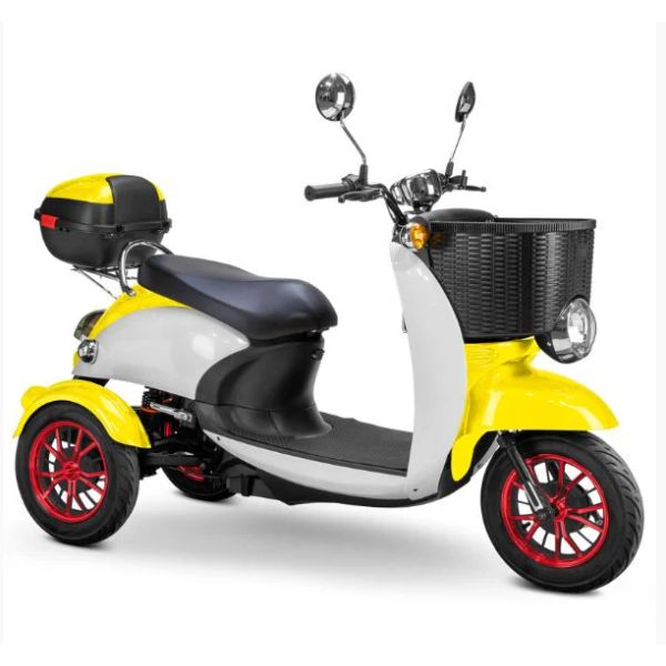 Bespoke Supreme Full Sized Mobility Scooter in Yellow with Black Seat and Red Wheel Rims