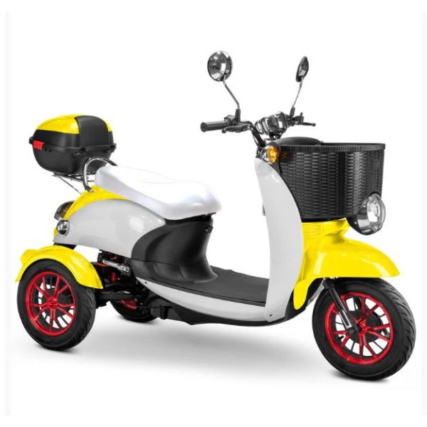 Bespoke Supreme Full Sized Mobility Scooter in Yellow with White Seat and Red Wheel Rims