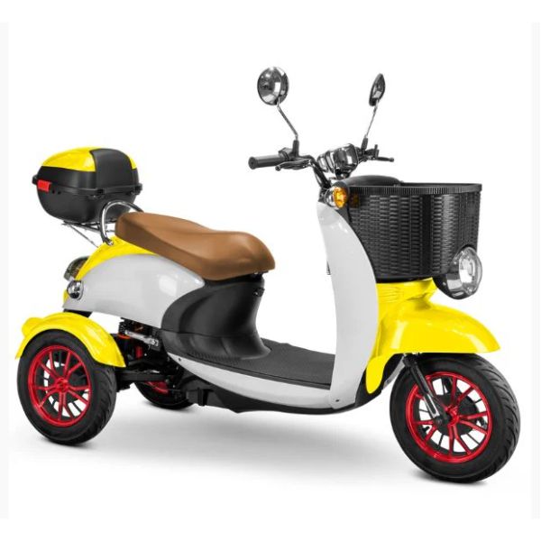 Bespoke Supreme Full Sized Mobility Scooter in Yellow with Brown Seat and Red Wheel Rims