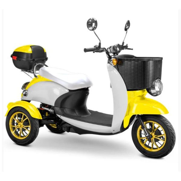 Bespoke Supreme Full Sized Mobility Scooter in Yellow with White Seat and Gold Wheel Rims