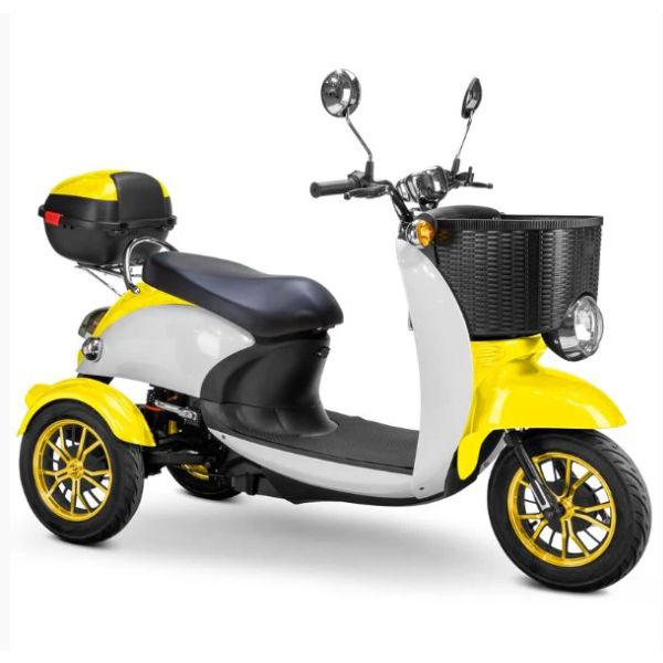 Bespoke Supreme Full Sized Mobility Scooter in Yellow with Black Seat and Gold Wheel Rims