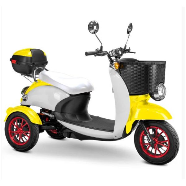 Bespoke Supreme Full Sized Mobility Scooter in Yellow with White Seat and Red Wheel Rims