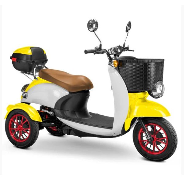Bespoke Supreme Full Sized Mobility Scooter in Yellow with Brown Seat and Red Wheel Rims