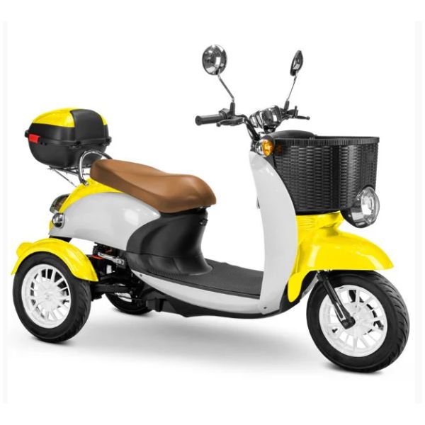 Bespoke Supreme Full Sized Mobility Scooter in Yellow with Brown Seat and White Wheel Rims