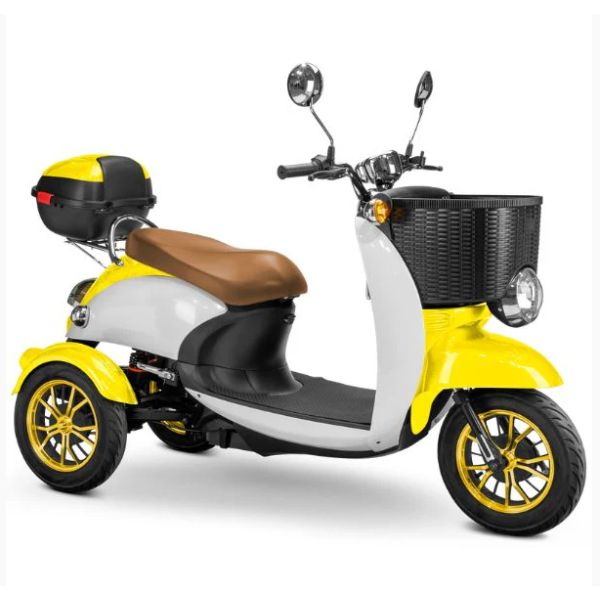 Bespoke Supreme Full Sized Mobility Scooter in Yellow with Brown Seat and Gold Wheel Rims